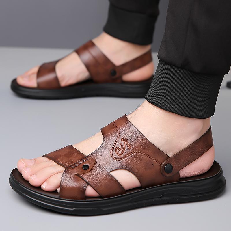 Men Black Leather Sandals Simple Flats Summer Brown Outdoor Hiking Sandals Outdoor Wide Beach Shoes for Father Over Sized
