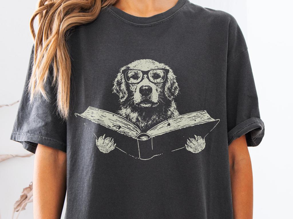 Golden Retriever Reading Book Comfort Colors T-Shirt - Goldie Dog Mom Shirt - Dog Dad Gift Tee - Nerd Dog Bookish Style