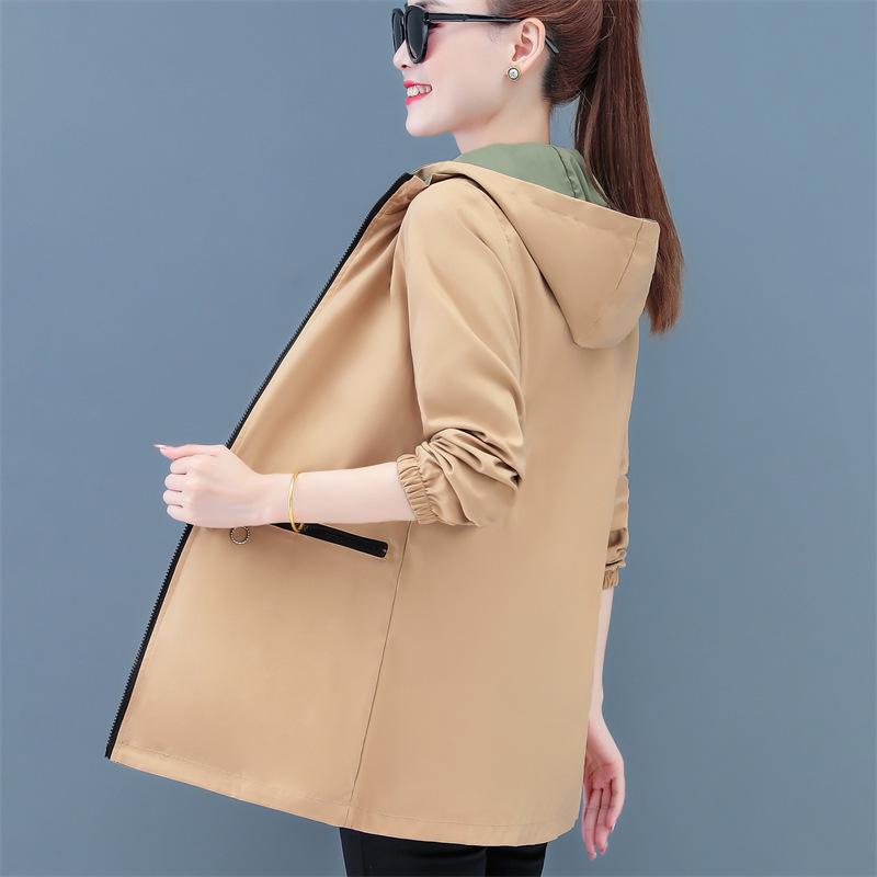 Women's Double-Sided Mid-Length Hooded Trench Coat with Detachable Elastic Waist and Zipper Pockets for Spring and Autumn