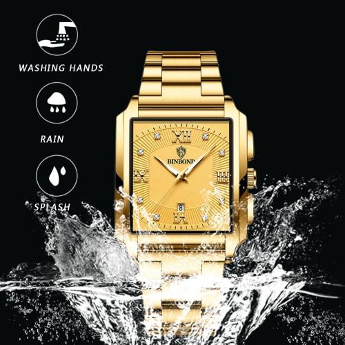 Seiko Men's Watch: Square Dial, Upgraded Waterproof Quartz Watch, Stainless Steel, Adjustable, Gold, for Business and Everyday Use