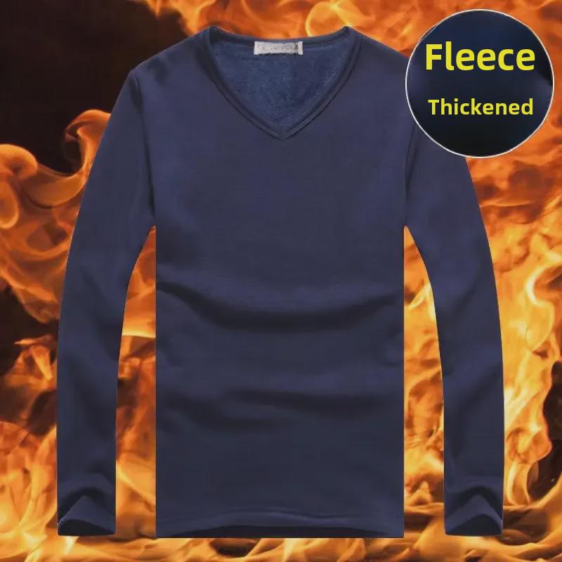 Férfi, V-nyakú, téli termikus hosszú ujjú felső, plusz bársony, vékony szabású, kívül-belül viselhető