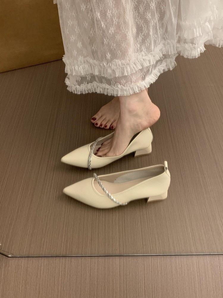 

French pointed thick rhinestone cross with shallow mouth single shoes women s 2025 new French temperament evening commuter shoes 40