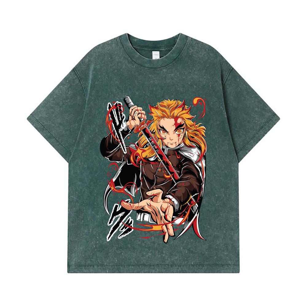 275 GSM Washed T-shirts 100% Cotton Demon Slayer V85 Rengoku Print Unisex Heavy Cotton T Shirt