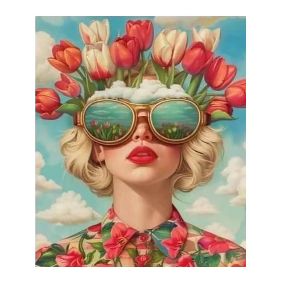 Beautiful Woman with Glasses Flower Canvas Painting Modern Wall Art Woman Character Posters and Prints Living Room Home Decor