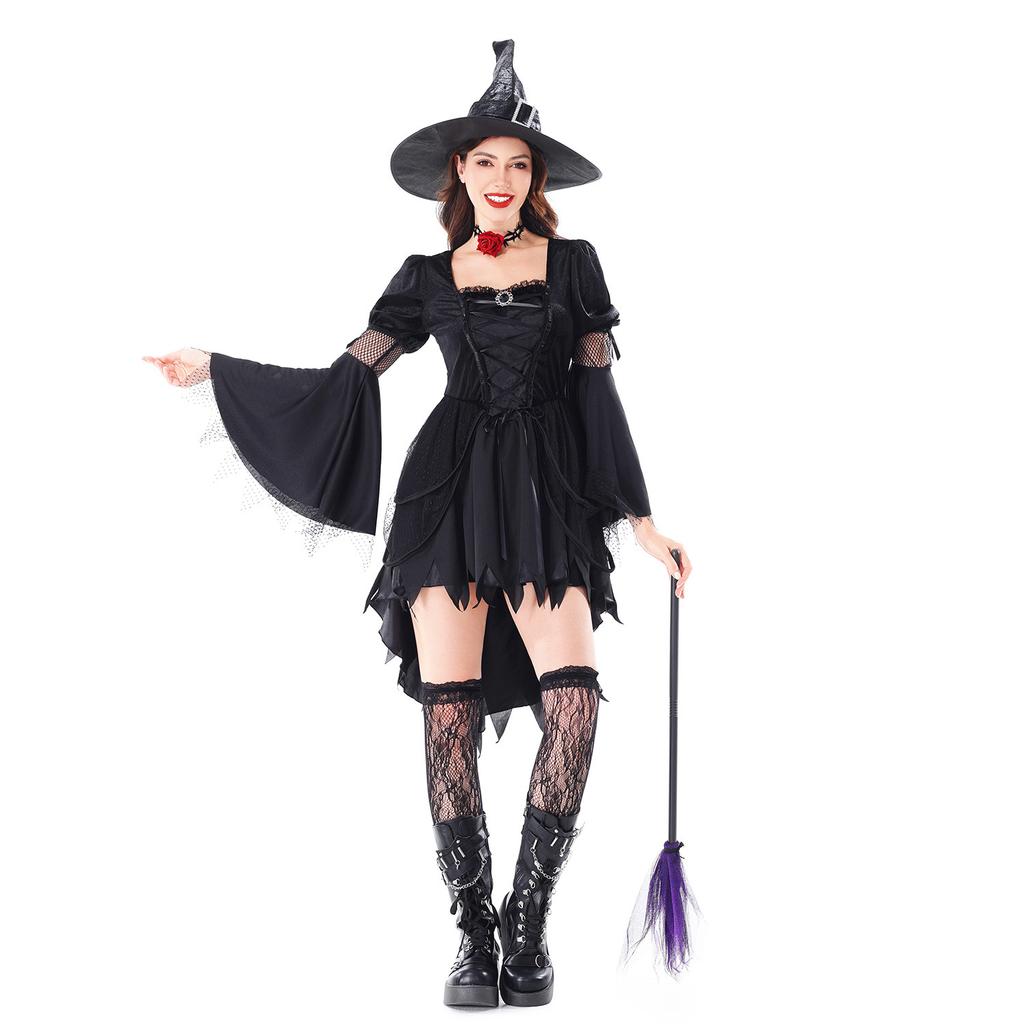 Halloween Witch Costume Adult Black Gothic Dress Stage Costume Mori Witch Hat Costume