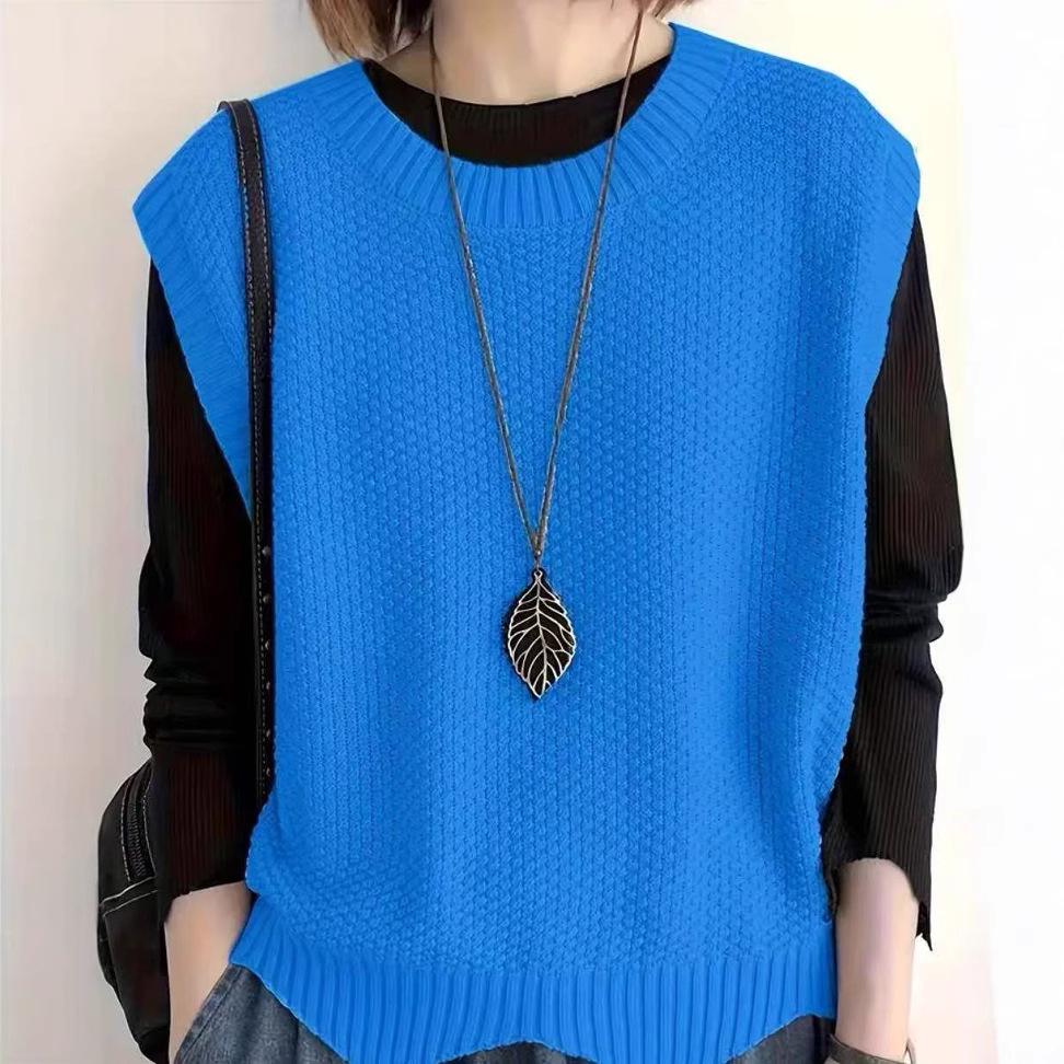 

Женский ретро вязаный жилет без рукавов с подплечниками - Пуловер свободного кроя с неровным низом, однотонный, с круглым вырезом (Коллекция Весна/Осень 2025) One Size