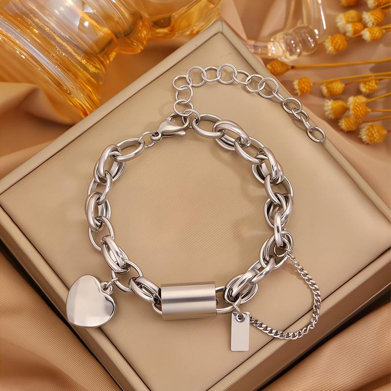 Stainless Steel Heart Charm Bracelet Women Men 18K Gold Plated Titanium Couple Jewelry Hypoallergenic Lightweight Steel Color Large Round Heart Bracelet