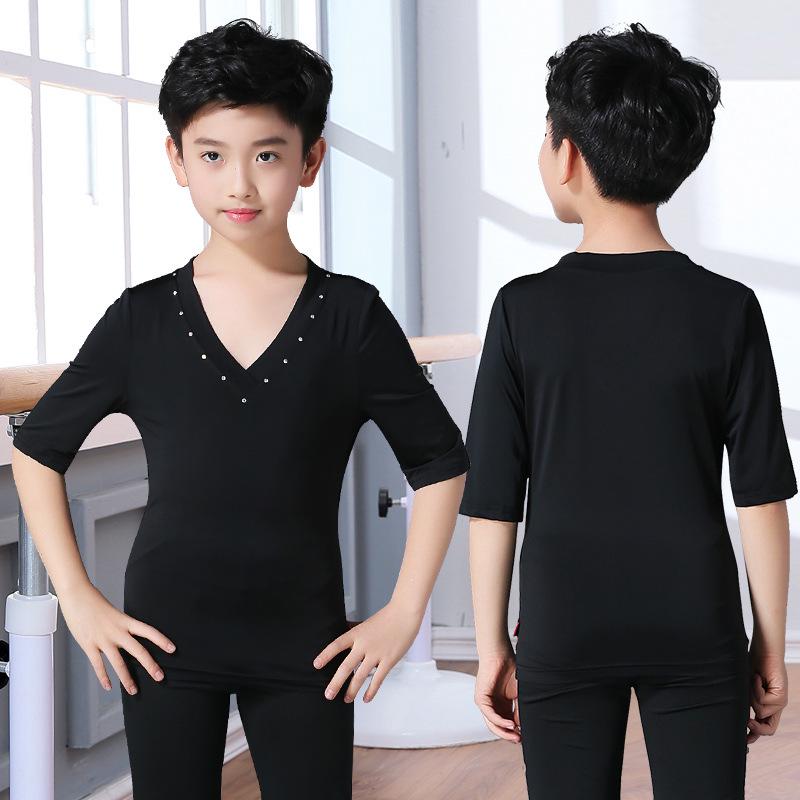 Boys' Latin Dance Performance Tops: Long & Short Sleeve Training Wear for Summer & Autumn Competitions & Exams