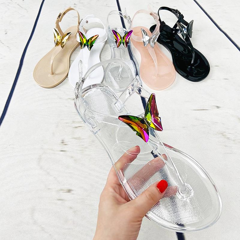 Summer Diamond Butterfly Ladies Crystal Jelly PVC Flat Sandals Butterfly Brick Casual Beach Transparent Sandals