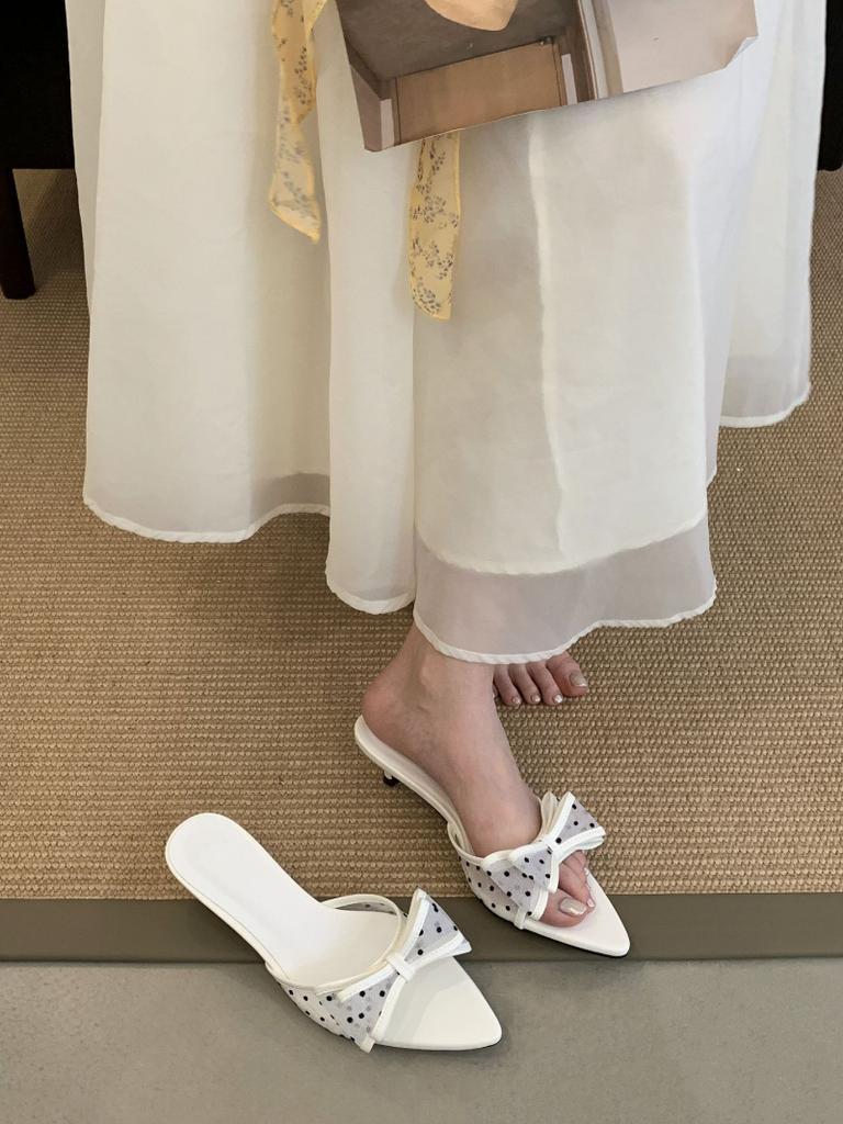 Fashion Elegant Mesh Polka Dot Bow Design Women Slippers Sexy Open Toe Kitten Heel Slide Sandals Fashion Pointed Toe Zapatos De Mujer