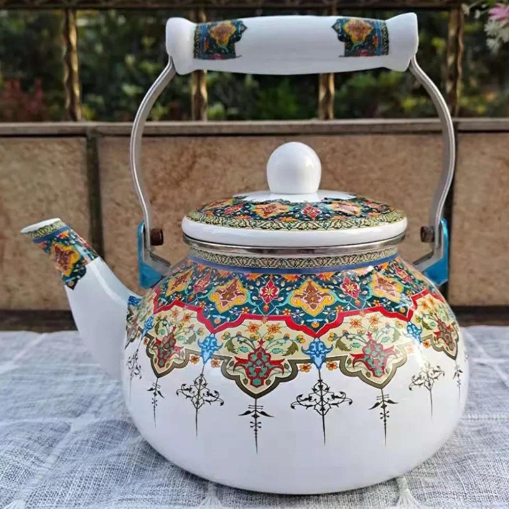 Emaille-Teekanne im chinesischen Stil 2,5L/1,5L, Anti-Verbrühungsgriff, Gasherd-Kessel, birnenförmige florale Emaille-Kaffeekanne