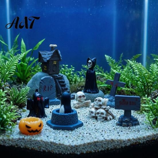 Secret Room Micro Scenery Halloween Miniature Resin Ornaments, Landscape Desktop Decor, Horror Ghost Tombstone Figures Scene Accessories for Fish Tank