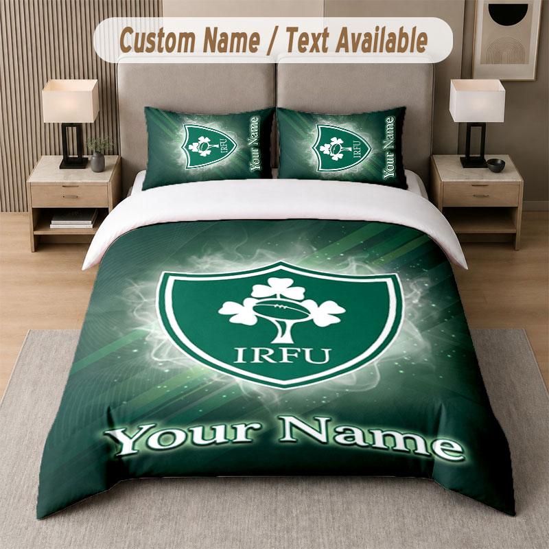 Custom Bedding Set Ireland Rugby Pattern, Print Name Text 1 Duvet Cover plus 2 Pillowcases Home Textile