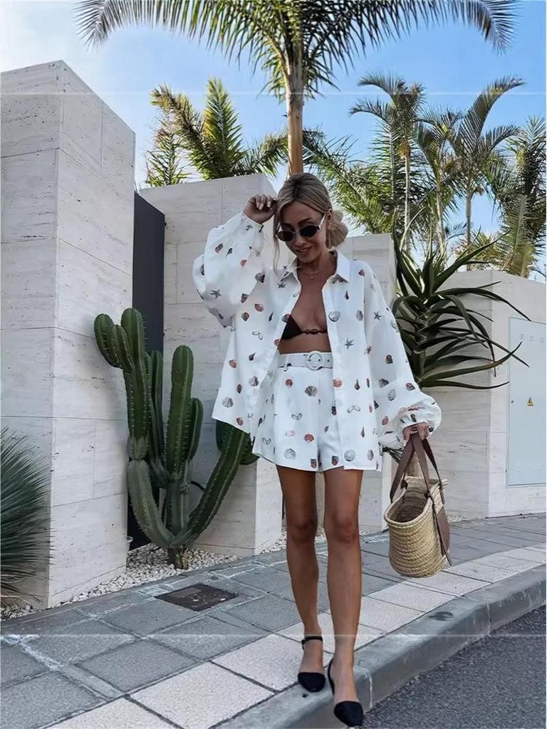 2026 European/American Linen Print Cardigan & Shorts Set - Casual Holiday Wear