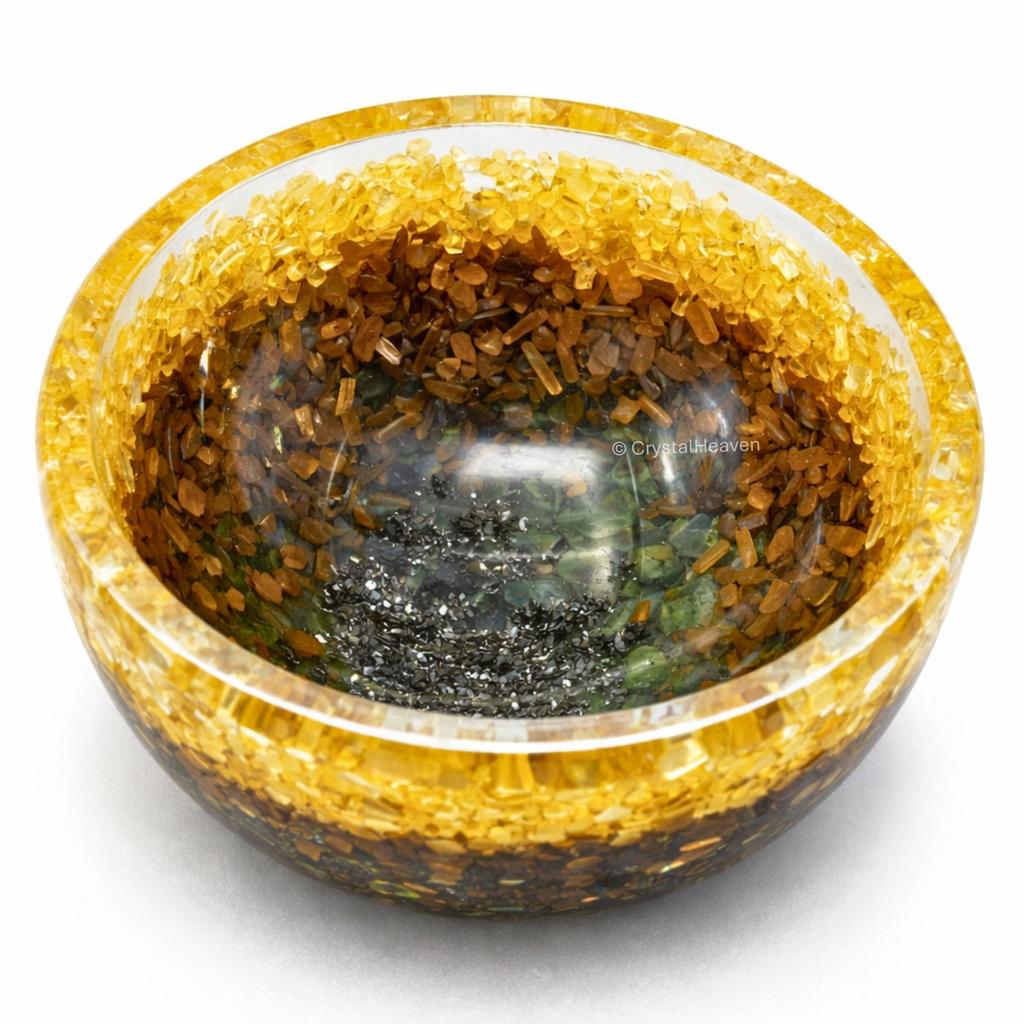 Crystal Heaven Dhan YOG Bowl for Vastu with Certified Pyrite Citrine Green Aventurine Tiger Eye - Healing Crystal Bowl for Home Decor and Wealth