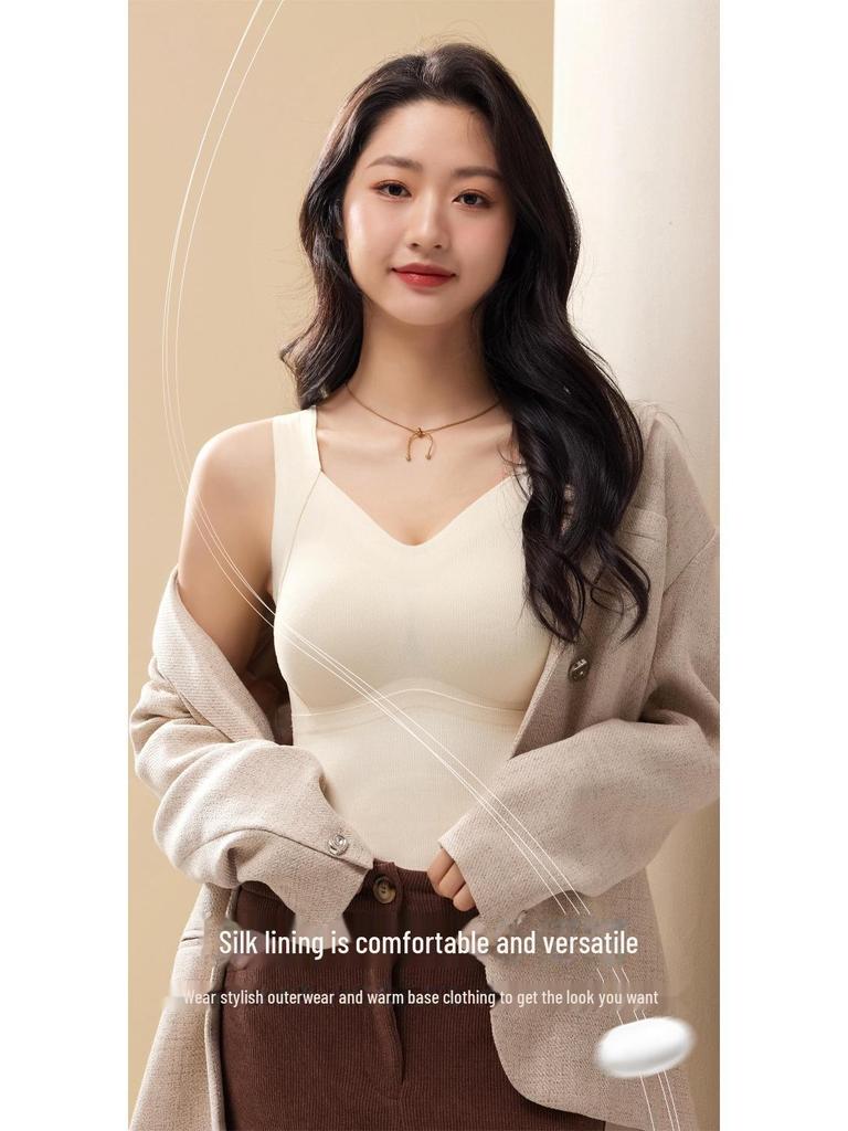 Winter Women's Seamless Cationic Warm Vest with Silk Ribbon Chest Pad and German Velvet