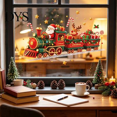 Holiday Glass Decals Christmas Train Wall Sticker, Santa Claus Reindeer Decals, Self Adhesive Kids Room Ornament Murals, Removable PVC Art Decor
