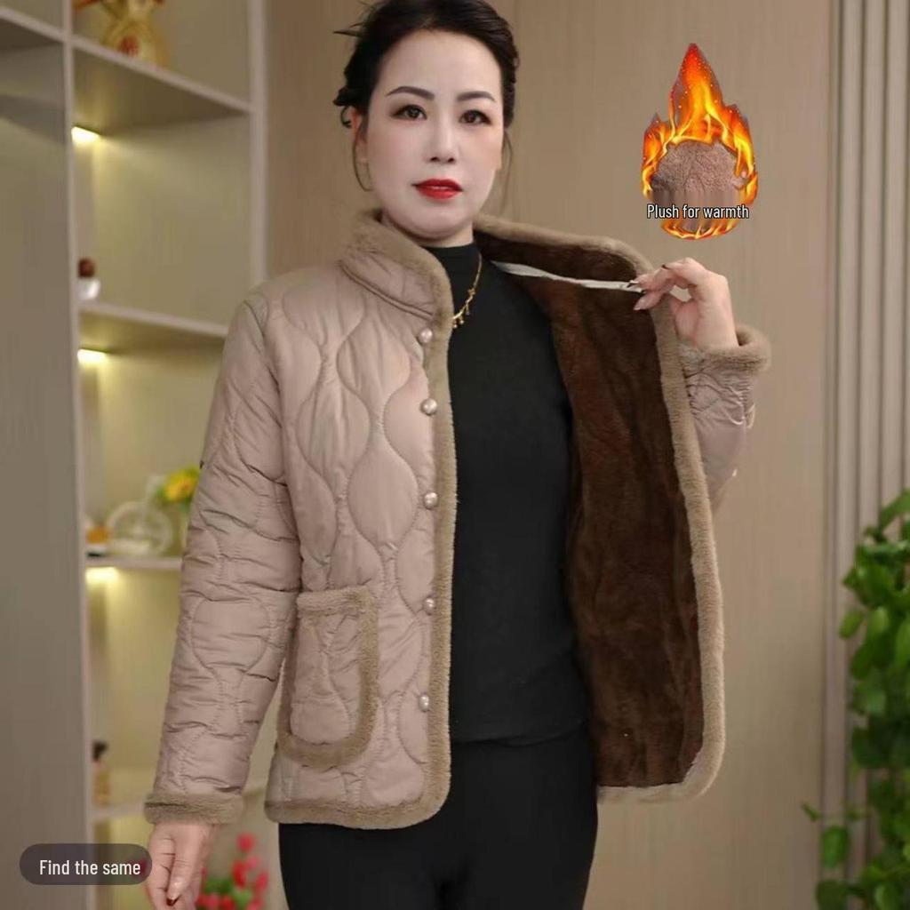 Stylish Women's Winter Cotton Jacket with Velvet Lining - Warm Casual Outerwear for Middle-Aged and Elderly