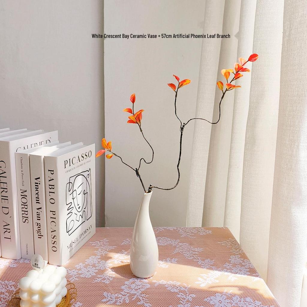 Green Plants Ceramic Vase with Hanging Bells and Artificial Flowers - Home Decoration Props