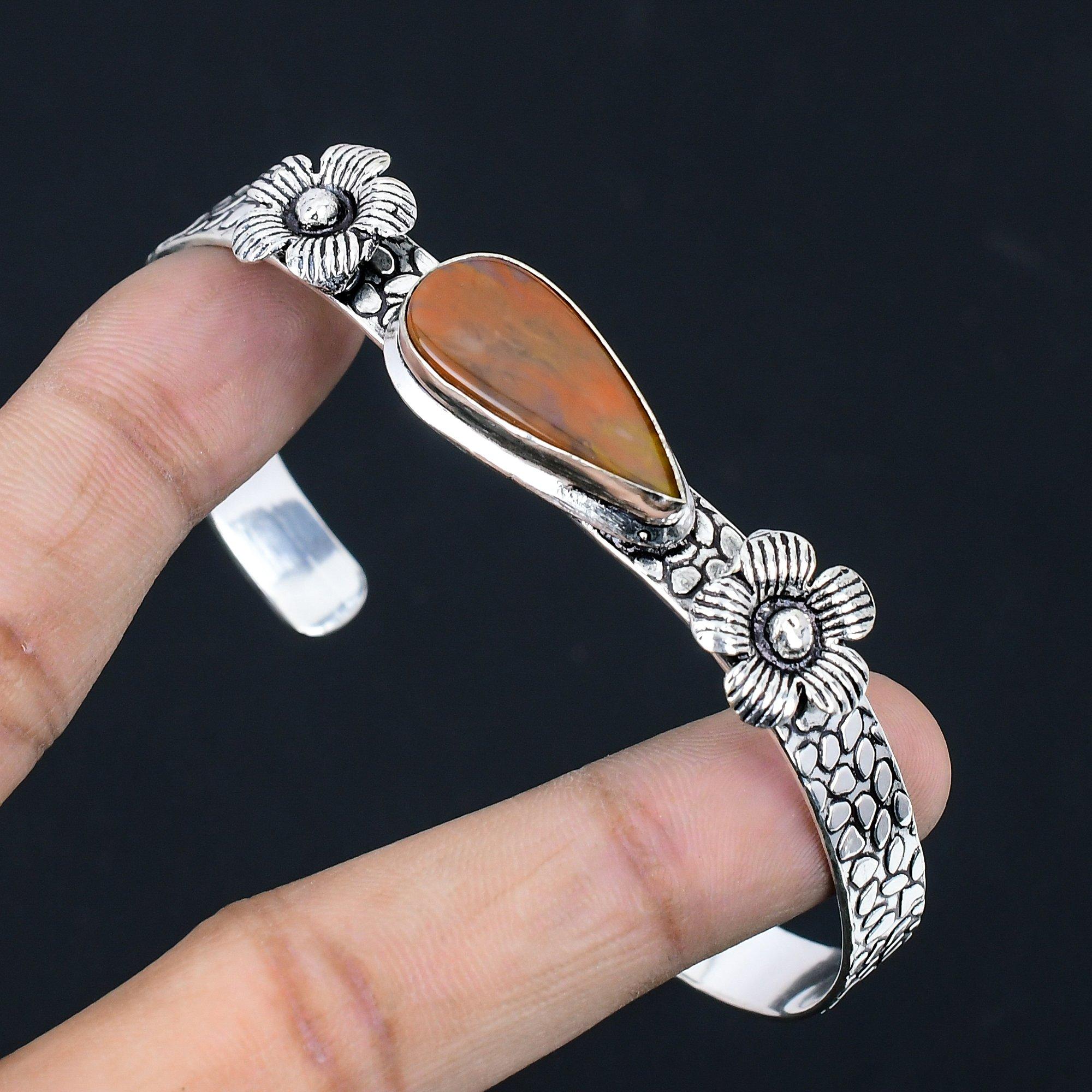 

Friendship Day Sale 925 Silver Natural Landscape Jasper Flower Bangle Jewelry Adjustable