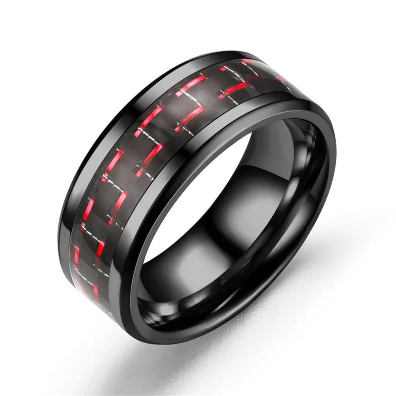 8MM Stainless Steel Black Carbon Fiber Ring Fashion Red/Blue Unisex Cool Charm  Gift for Men Women
