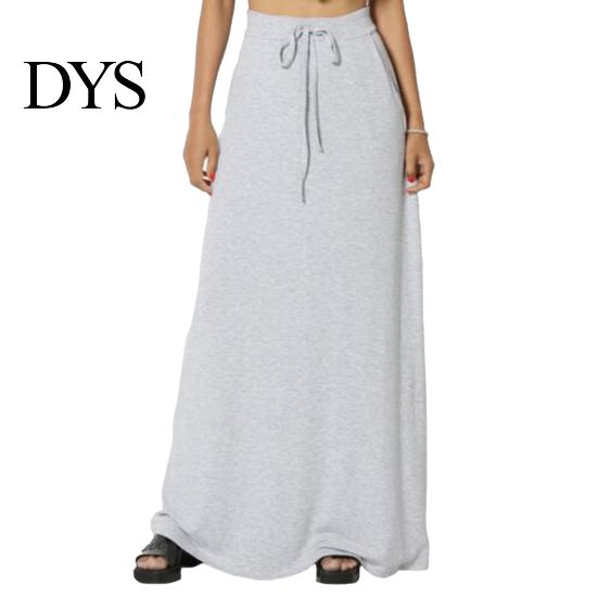 Long Skirt Women Maxi Adjustable Drawstring High-Waisted Solid Color Casual with Pockets Work