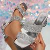 Fashion Women Sandals Summer Square Toe Transparent Heel Sandals Fashion Party Dress Shoes for Woman Shiny Sequins High Heels Sandals