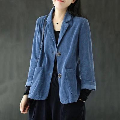 Corduroy Suit Coat Women Autumn Retro Loose Fit Single-Breasted Suit Jacket Lapel Long Sleeve Solid Color Business Coat with Poc