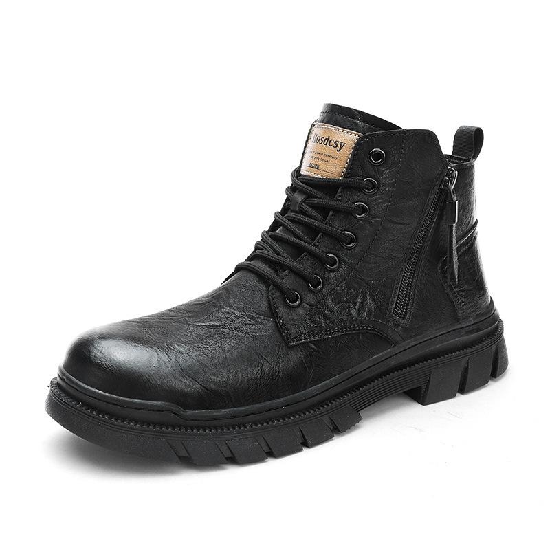 Autumn and winter retro fashion trend Martin boots youth casual platform leather boots men's high-top side zipper tooling shoes