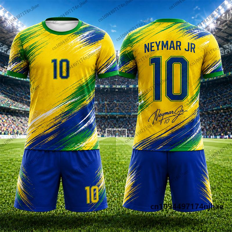 2026 Dětská tepláková souprava Brazilští fanoušci Neymar Č. 10 Potisk Tričko+Kraťasy Sety Fotbalový dres Oblek Sportovní Dětské/Dospělé oblečení