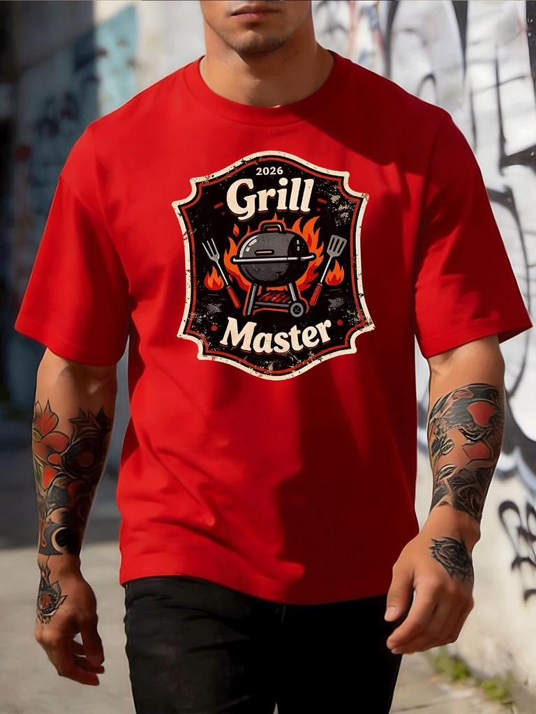 Vintage Grill Master Barbecue Badge Graphic Front Print Unisexs Crew Neck Short Sleeve Tee Casual Daily Soft Basic Wear Top