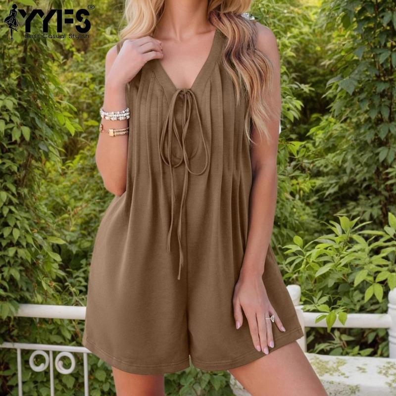 

YYFS Women s Fashion Casual Summer Spring Solid Color Print Sleeveless V-Neck Loose Waistline Trousers Jumpsuits & Rompers S рожевий