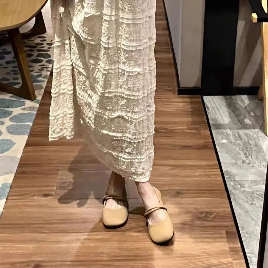 Low Heel Elegant Women's Flat Shoes Single Khaki Round Toe 2025 Summer Trend Vacation On Offer With Discount Y2k Ladies Footwear