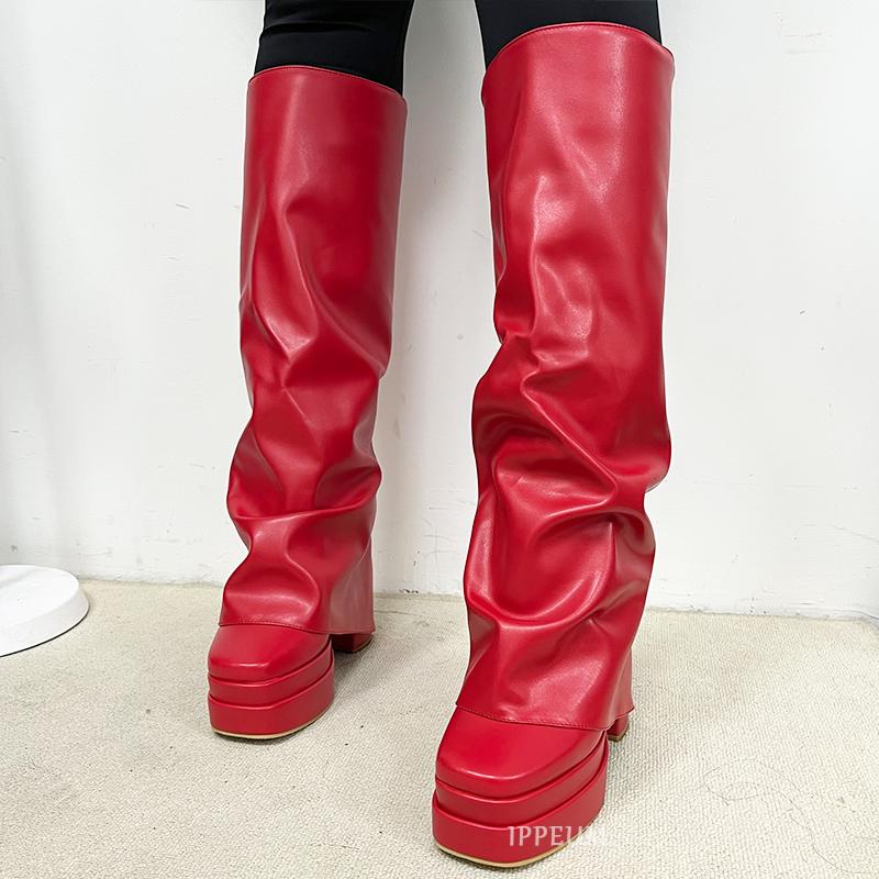 Fashion IPPEUM Fold Over Boots Women Orange Hot Pink Block Heel Knee High Plus Size 43 Platform Shoes y2k botas plataforma mujer