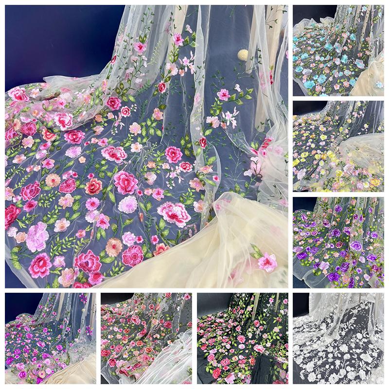 1 Yard 3D Floral Embroidery Rose Flower Fabric Elegant Tulle Mesh Lace Fabric DIY Sewing Bridal Weding Dress Costume Crafts 