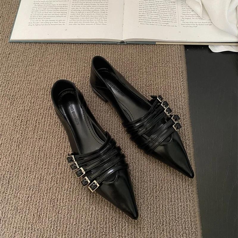 Shoes for Women Pumps Low Heel Pointed Toe Goth Sexy Elegant Woman Heeled White Loafers Slip on New in Belt Buckle