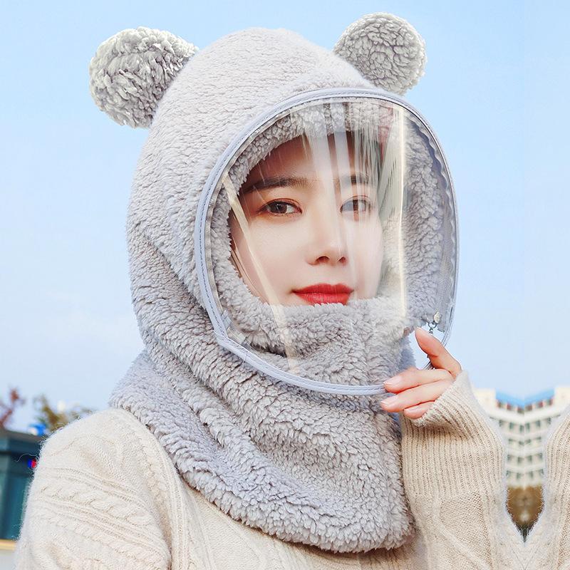 Winter cycling mask outdoor cold hat female cute plush pullover hat warm electric vehicle scarf integrated hat
