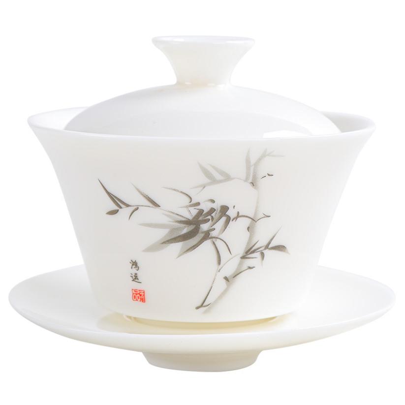 Chinese Porcelain Kung Fu Tea Set National Style Jade-Like Simplicity Three-Piece Gaiwan Tea Bowl