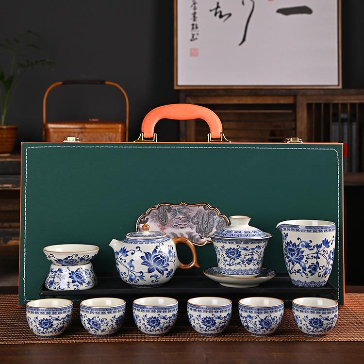 Blue And White Ru Kiln Anti-Scalding Light Luxury Tea Set, Commercial Gift Set, High-End Tea Set, New Model