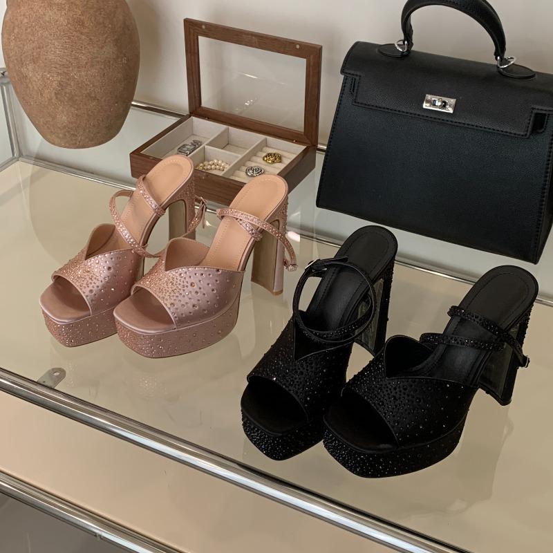 New Fashion Rhinestone High Heels Women Sexy Sandals Crystal Silk Ankle Strap Female Square Toe Chunky Platform Shoes Black