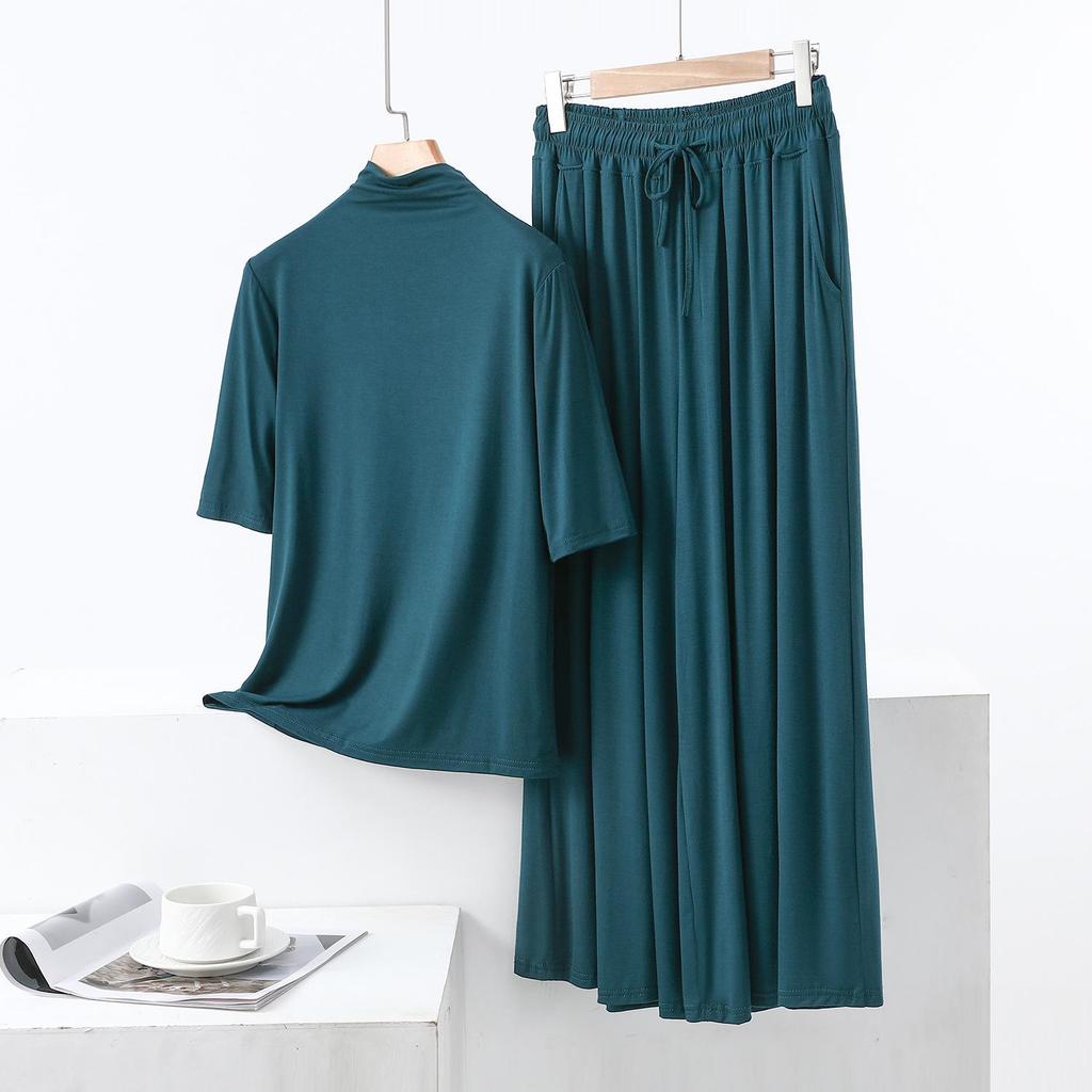Modal Semi-High Neck Five-Sleeve Shirt & Pocket Wide-Leg Pants Casual Plus Size Two-Piece for Women