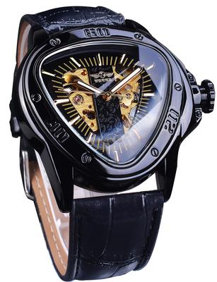 Winner Fashion Mechanical Watch with Triangle Racing Dial, Waterproof Golden Skeleton Dial, Automatic Movement, Leather Design, Men's, Black1.