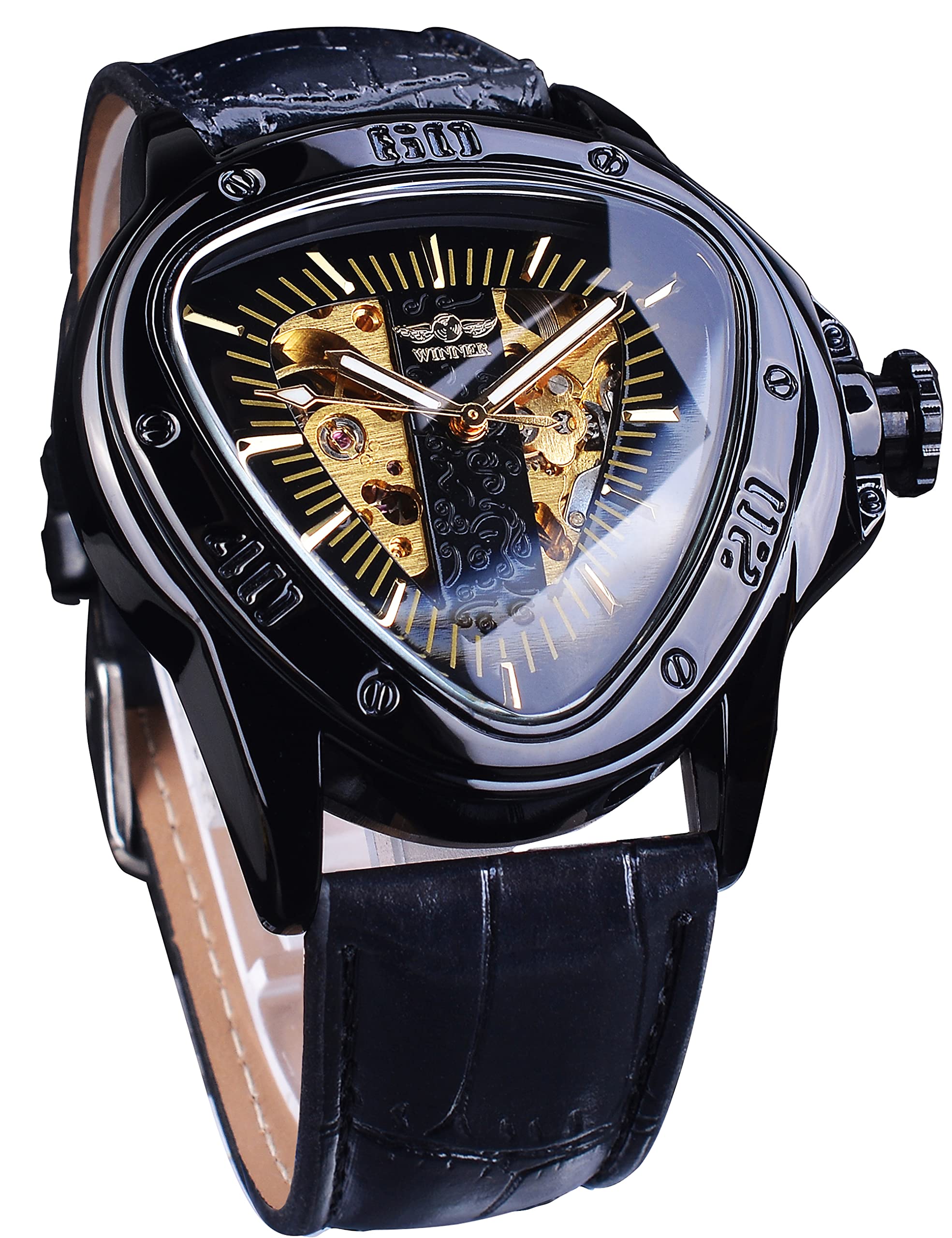 

Механические часы Winner Fashion с треугольным гоночным циферблатом, водонепроницаемый золотистый скелетонизированный циферблат, автоматический механизм, кожаный дизайн, мужские, Black_1.
