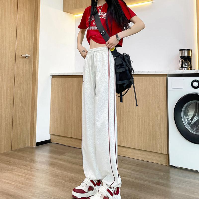 Gray Striped Sweatpants for Women - Spring Thin Edition High-Waisted Drapey Casual Loose Straight-Leg Cuffed Wide-Leg Joggers
