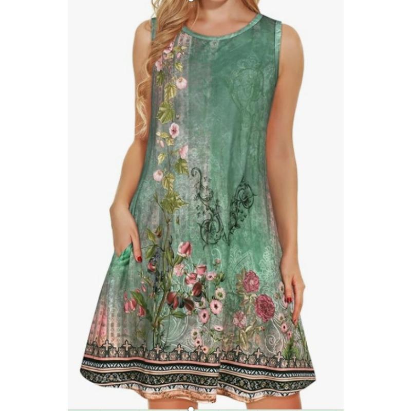 Sleeveless Dress Summer New Beach Hawaiian Print Loose Vest Skirt With Pockets