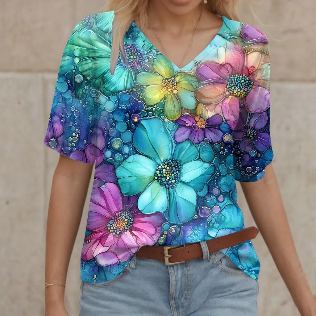 V Neck T Shirt 3d Printed Tees Women Short Sleeve Tops Casual Stretch Breathable Floral T-shirts Plus Size
