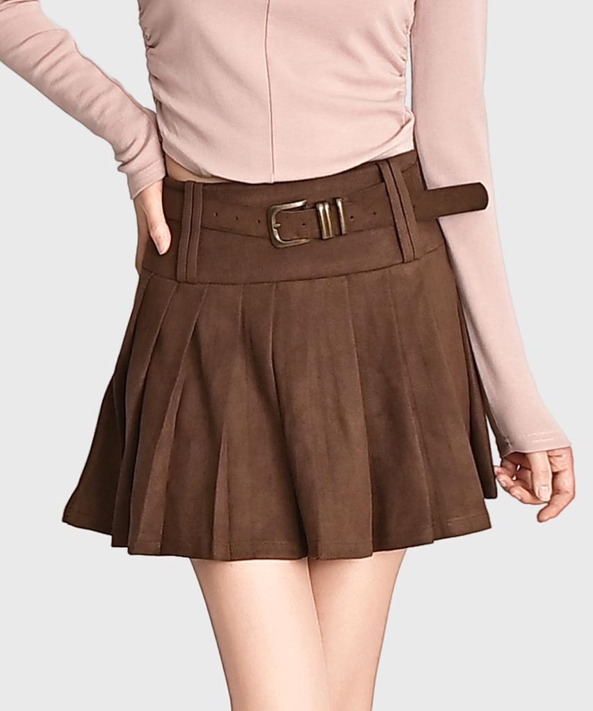 Keulleiseu Suede Pleated Skirt Belt Set_Brown
