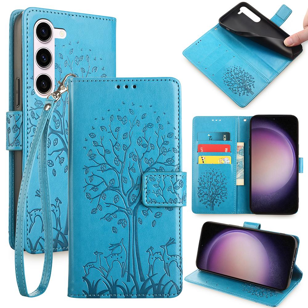 

For Samsung Galaxy S23 Phone Case Imprinted Deer Tree Pattern 3 Card Slots Anti-drop Cover Blue