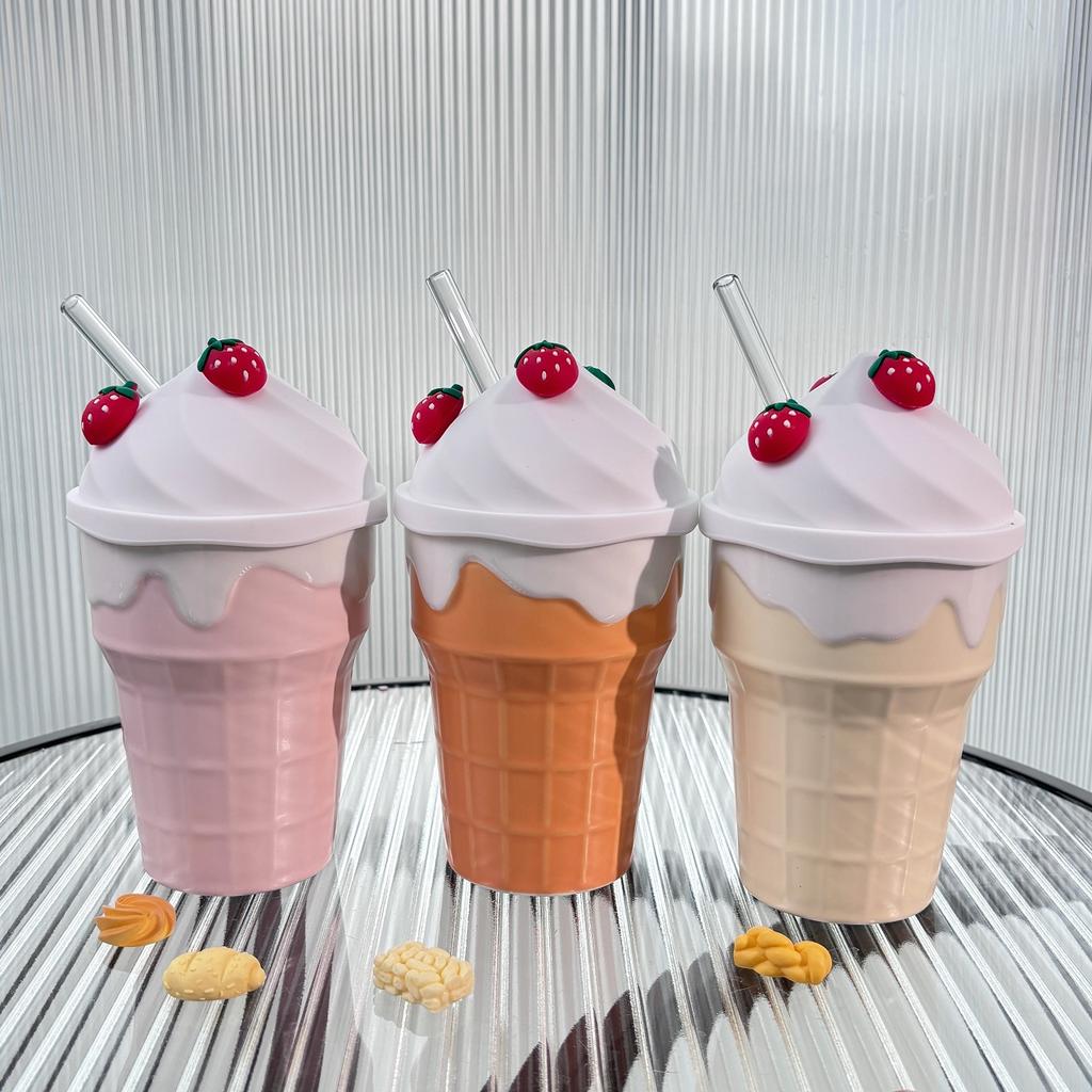 Cute Creative Ice Cream Mugs for Women 300ml Strawberry High Aesthetic Ceramic Cup with Lid Straw Household Exquisite Water Cup