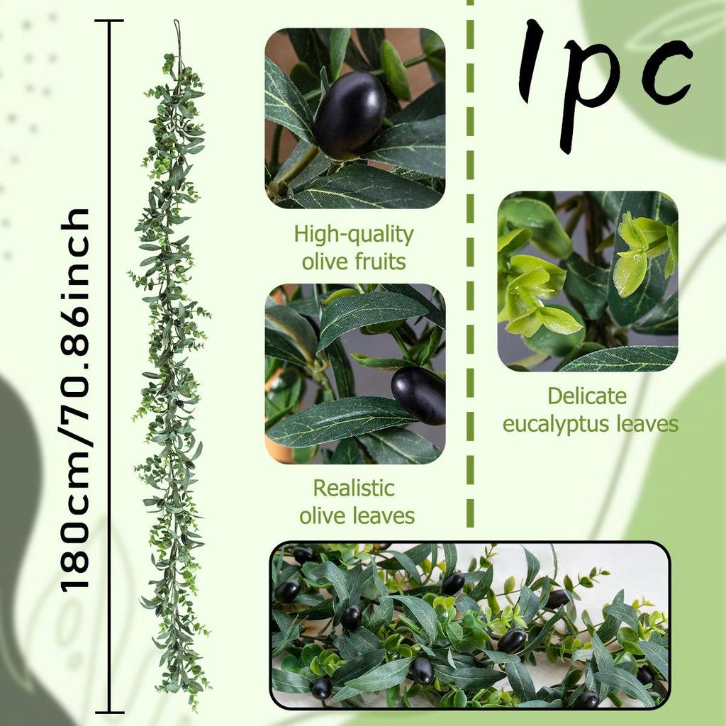 Simulated Green Olive & Eucalyptus Plant with Fruit Rattan Pine Cypress Vine for Wall Decoration.